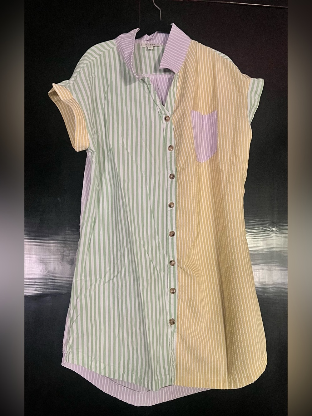 Umgee Pastel Stripe Colorblock Shirt Dress in Mint, Yellow & Lilac